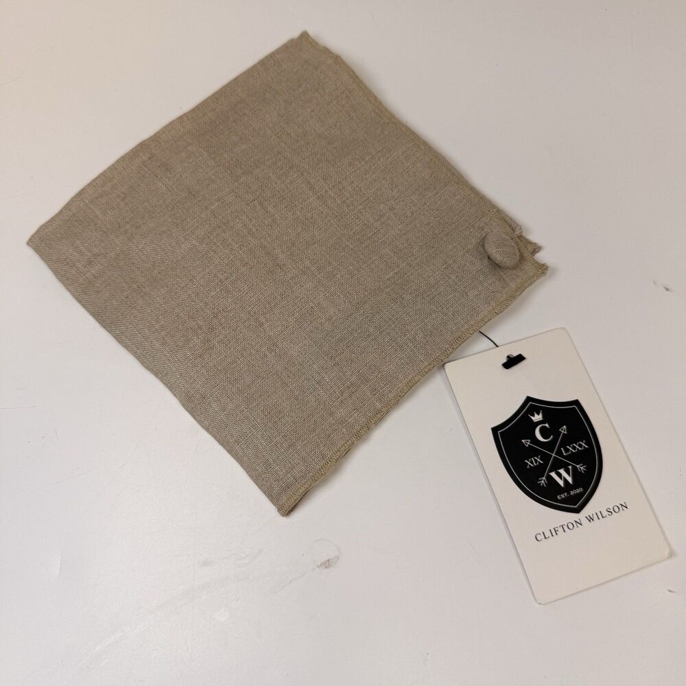 Clifton Wilson Soft Tan 100% Linen Pocket Square With Button New